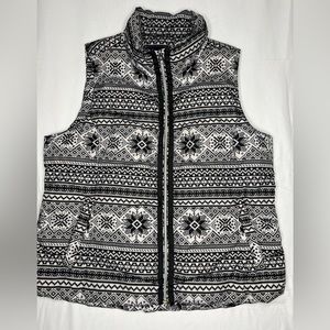 Land’s End Down filled puffer vest black white snowflake design sz L